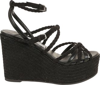 Jimmy Choo London Woven Intrecciato Sandal with 100 mm Raffia Wedge