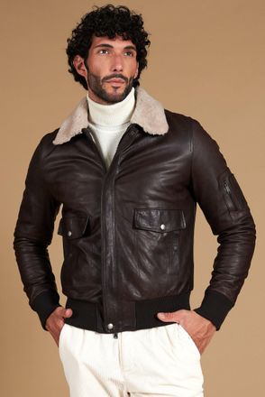 D'Arienzo Giubbotto aviatore in pelle vintage testa di moro collo montone DArienzo, Seleziona Taglia 46, Colore Testa di moro