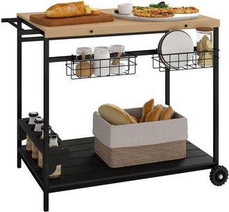 OUTSUNNY Camarera Con Ruedas De Madera Con 2 Estantes 2 Cestas Met&aacute;licas Y Soportes Para Botellas Para Jard&iacute;n Terraza 97,5x65x81 Cm Natural Y Negro - Outsunny