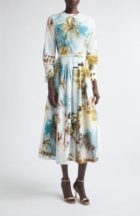 Oscar De La Renta Dominican Landscape Stretch Poplin Shirtdress in Blue Green Mult at Nordstrom, Size 12