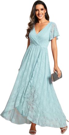 Ever-pretty Womens A Line Empire Waist V Neck Lace High-Low Elegant Evening Dresses Sky Blue 16UK