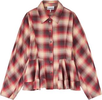 Ganni Cotton Flannel Check Peplum Shirt - Dames - Overhemden - Veelkleurig - S - Katoen - Overhemden