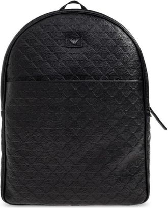 Emporio Armani Leren rugzak met all-over reli&euml;f adelaar - Heren - Rugzakken - Zwart - ONE Size - Leer - Tassen