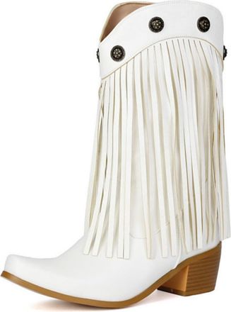 Generic Womens Vintage Cowboy Boots with Chunky Block Heel, Western Fringe and Studded Accents for Country Style,White,10 UK
