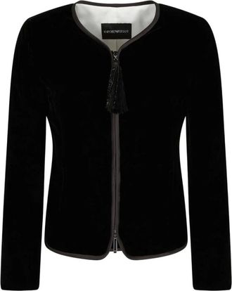 Emporio Armani Jassen, Dames, Zwart, L, Satijn, Zwart Fluweel Rits Jas Satijn Rand