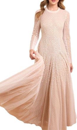 Needle & Thread Sequin Cascade Round Neck Gown in Cream/Butterscotch at Nordstrom, Size 14