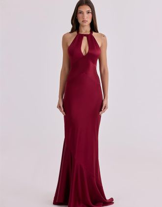 House of CB Oliviana - Vestito lungo allacciato al collo in raso color vinaccia-Rosso