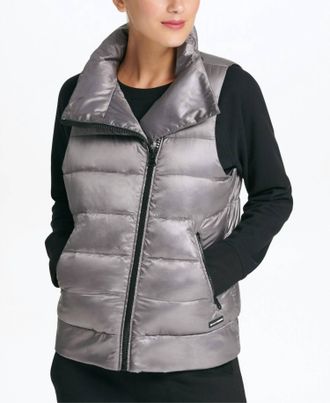 DKNY Asymmetrical Zip Down Filled Vest In Granite