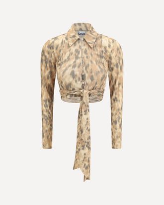 Ganni Printed marl mesh tie Blouse Female 36