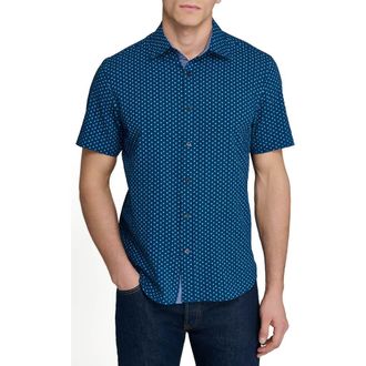 ConStruct Slim Fit Falling Feathers Seersucker Short Sleeve Shirt in Navy/green at Nordstrom, Size Xx-Large