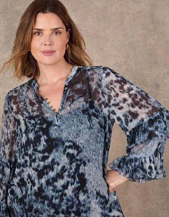 Live Unlimited London Womens Multi Abstract Print Frill Sleeve Blouse - Blue - Size: 18