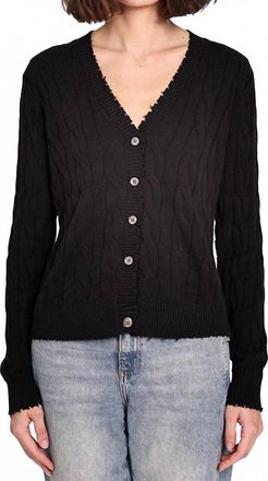Minnie Rose Cotton Frayed Cable Cardigan Top In Black