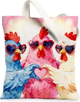 Generic Cute Chicken Canvas Tote Bags, Colorful Poultry Art Pattern Reusable Grocery Bags, Summer Lightweight Washable Shoulder Str, Multicolor, 13x15 Inch