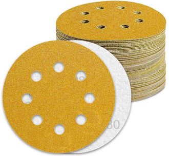 OEM Paquete De 100 Discos De Lijado De 125 Mm Y Grano 80 - &Oacute;xido De Aluminio Dorado - Para Lijar Madera, Metal Y Pintura - Perforados Previamente Para Ext