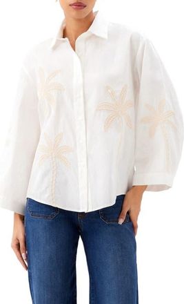 Karen Kane Embroidered Palm Tree Cotton T-Shirt in Off White at Nordstrom, Size X-Small