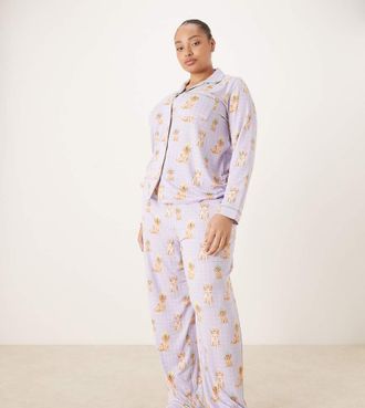 Chelsea Peers Curve - Set pigiama lungo lilla con bottoni e stampa di cagnolini alla spa-Viola