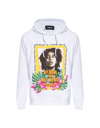 Dsquared2 Mens Dsquared2 Cool Fit Bob Marley Logo White Hoodie - Size: 40