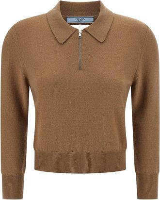 Prada Wol gebreide polo - Dames - Polos - Bruin - L - Wol - Tops