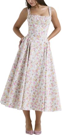 Generic Romantic Floral Printed Long Dress with Elastic Straps Vintage Inspired Tea Party Dresses