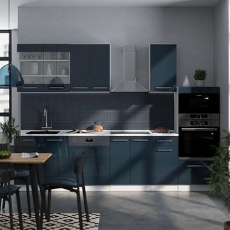 Vicco Mueble De Cocina Fame-line, Azul Oscuro Alto Brillo/blanco, 300 Cm Con Armario Alto, Et Roble, Vicco