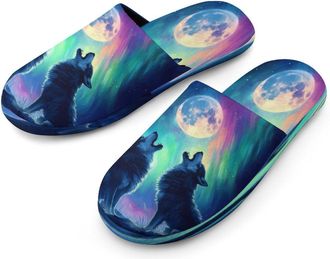Generic Howling Wolves Northern Lights Moon Mens Flannel Slipper Soft Comfy House Shoes Non Slip Winter Warm Indoor Outdoor Slippers