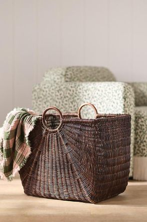Anthropologie Rattan Large Handled Magazine Basket