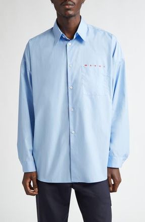 Marni Peeping Logo Organic Cotton Poplin Button-Up Shirt in Iris/Blue at Nordstrom, Size 42 Us