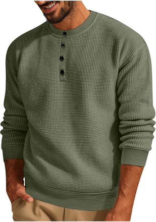Generic MenS Casual Crew-Neck Waffle-Knit T-Shirt: Solid Colour Long Sleeve Texture Top, Breathable Everyday Essential For Autumn Layering & Urban Streetwear