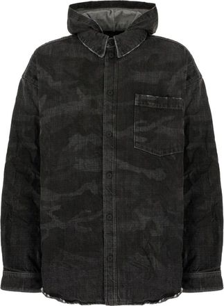 Balenciaga Denim Jackets, male, Black, Size: M Washed Camo Denim Hooded Shirt