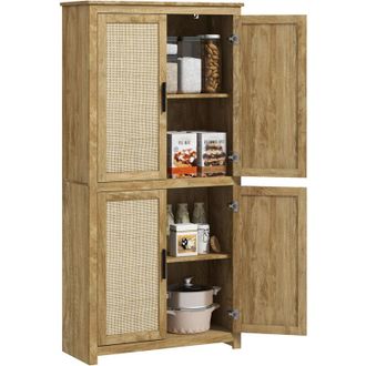 HOMCOM Homcom Alacena De Cocina, Mueble Auxiliar De Cocina Alta, Con 4 Puertas De Rat&aacute;n Y Estantes Ajustables, Estilo Bohemio, Natural, 80x33x162,6 Cm