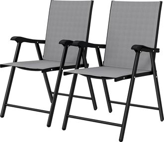 OUTSUNNY Set 2 Sedie Giardino Pieghevoli Schienale Alto, Braccioli, Grigio