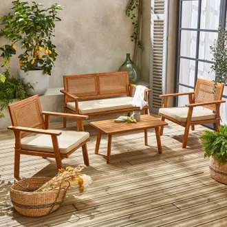 Sweeek Salotto Da Giardino In Legno E Canna, 4 Posti