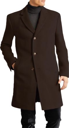 Feoya Mens Wool Pea Coat Mid Long Single Breasted Coat Formal Winter Trench Coats for Men UK Classic Notch Lapel Woolen Coats Peacoat Coffee L Button Down O