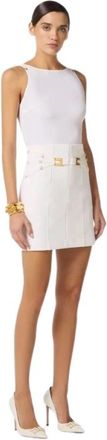 Elisabetta Franchi Minirok in dubbellaags stretchcr&ecirc;pe met elastische bandjes - Dames - Korte rokken - Wit - L - Polyester - Rokken