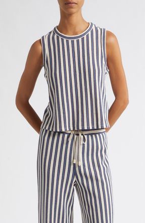 Veronica Beard Dravin Stripe Crochet Cotton Tank in Ecru Bluefin Multi at Nordstrom, Size X-Large