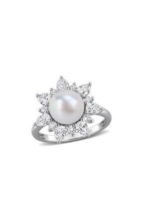 Delmar Cultured White Pearl & Lab Grown Sapphire Halo Ring in White Gold at Nordstrom Rack, Size 9