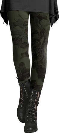 Generic Womens Dark Green Floral Print Leggings, High Waist Slim Fit Gothic Tights, Stretchy and Comfortable Vintage Patterned Bottoms, Stylish Elastic Hallow
