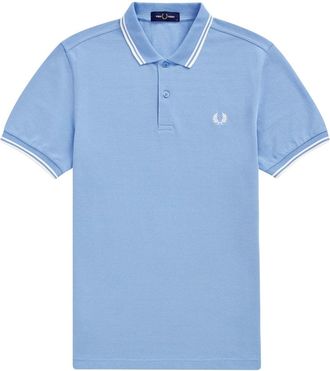 Fred Perry Mens White Knit Rib Collar Sky Blue Polo Shirt Cotton - Size X-Small