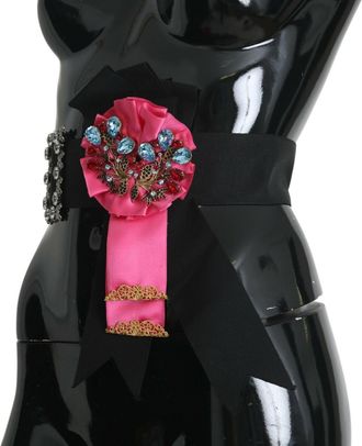 Dolce & Gabbana Womens Black Pink Flower Brooch Crystals Cotton Belt Acetate