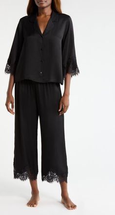 Nordstrom Midnight Lace Satin Pajamas in Black at Nordstrom, Size X-Large