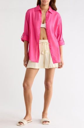 Elan Printed Semisheer Cotton Button-Up Cover-Up Shirt in Hot Pink at Nordstrom, Size X-Large