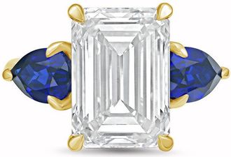 Diana M. Jewels 18kt yellow gold lab grown 6ct emerald diamond ring with sapphire pears on the sides