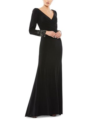 Mac Duggal Beaded Cuff Long Sleeve Wrap Over Trumpet Gown