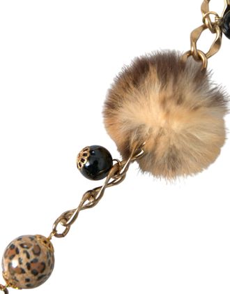 Dolce & Gabbana Womens Gold Brass Leopard Fur Pearl Collier Chain Belt Black