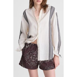 Madewell Vertical Stripe Linen Blend Button-Up Shirt in Bold Placement Stripe Black at Nordstrom, Size Xx-Small