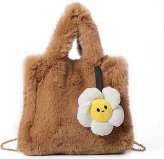 Generic Womens Plush Bags Women Plush Top Handle Bag With Chain Shoulder Solid Color Furry Purse Handbag For Work Travel(Light Brown)