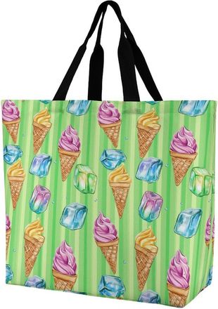 Generic Ice Cream Green Stripes Reusable Shopping Bags One Shoulder Grocery Tote Bag Waterproof Big Purse for Work Travel