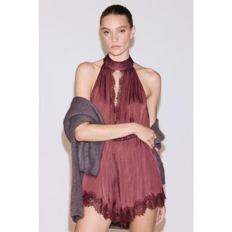 H&M Lace-trimmed Halterneck Romper in Rust Red at Nordstrom, Size X-Large