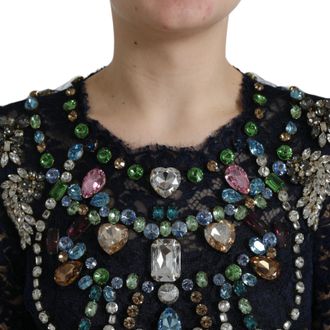 Dolce & Gabbana Blue Crystal Floral Lace Long Gown Womens Dress