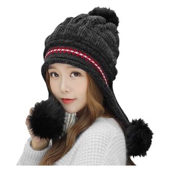 Generic Womens Thermal Winter Hats, Knitted Warm Windproof Ear Protector Caps Women Stretchy Cute Elegant Hat Winter Outdoor Hats with Fuzzy Balls Designed Bl